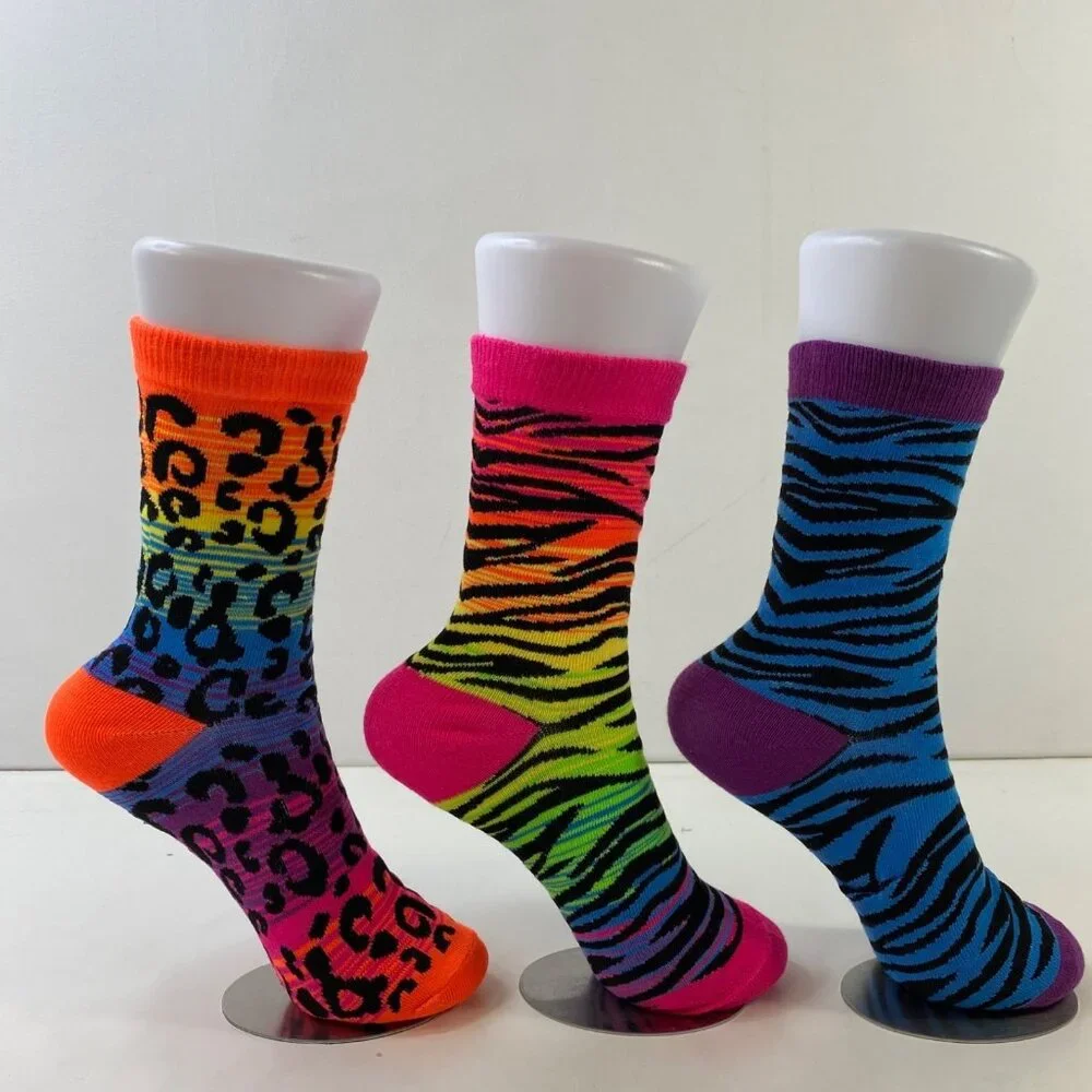 Rainbow Animal Print Socks 3-Pack - Neon Leopard & Zebra Patterns